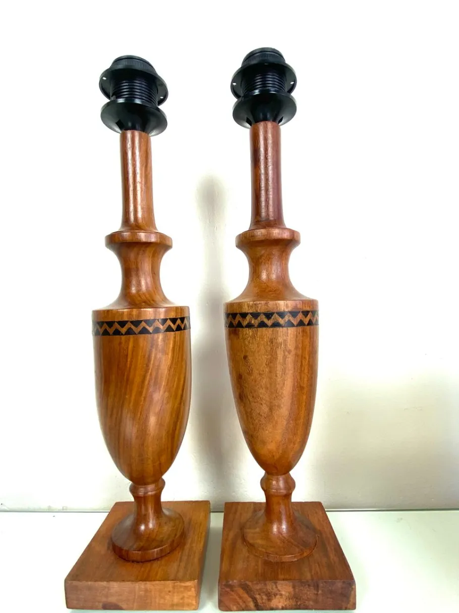 Sale Pamono Vintage Mid-Century Artisan Hand-Crafted Wooden Inlay Table Lamps, Set of 2