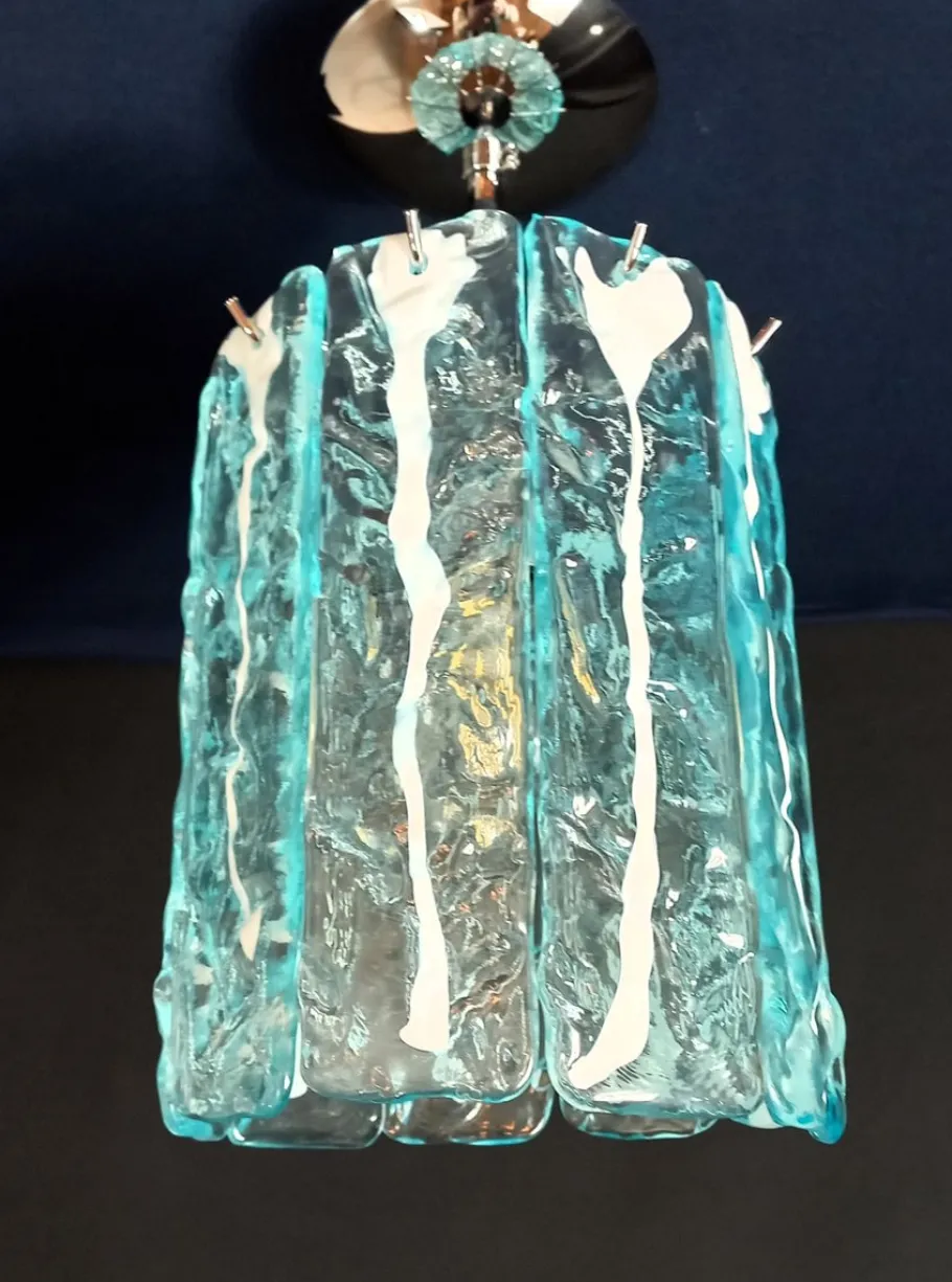 Best Pamono Vintage Murano Glass, Crystal, Aquamarine and White Strips Ceiling Chandelier, Venice, Italy, 1991