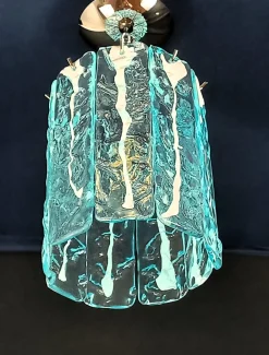 Best Pamono Vintage Murano Glass, Crystal, Aquamarine and White Strips Ceiling Chandelier, Venice, Italy, 1991