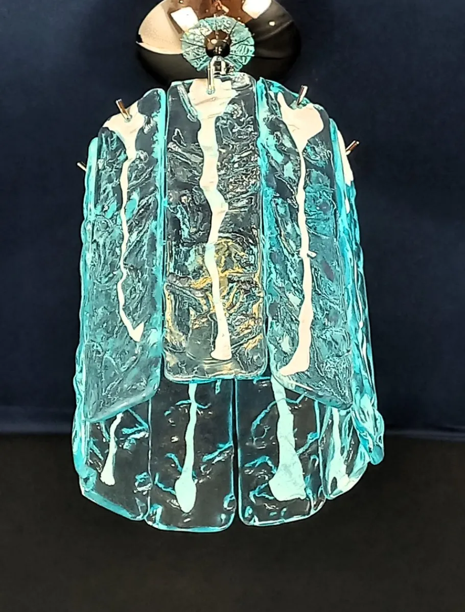 Best Pamono Vintage Murano Glass, Crystal, Aquamarine and White Strips Ceiling Chandelier, Venice, Italy, 1991