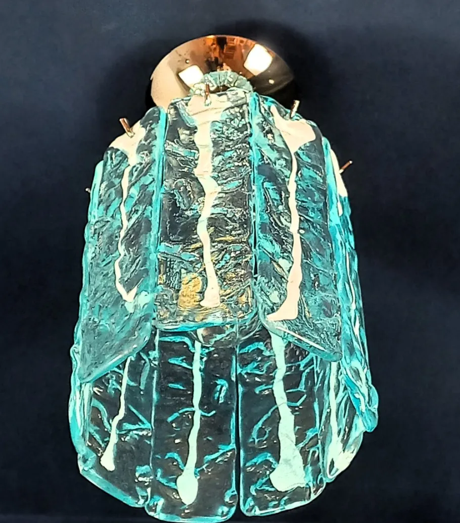 Best Pamono Vintage Murano Glass, Crystal, Aquamarine and White Strips Ceiling Chandelier, Venice, Italy, 1991