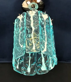 Best Pamono Vintage Murano Glass, Crystal, Aquamarine and White Strips Ceiling Chandelier, Venice, Italy, 1991