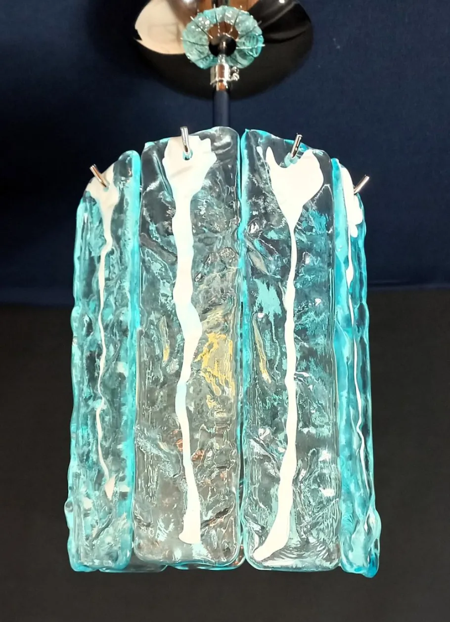 Best Pamono Vintage Murano Glass, Crystal, Aquamarine and White Strips Ceiling Chandelier, Venice, Italy, 1991