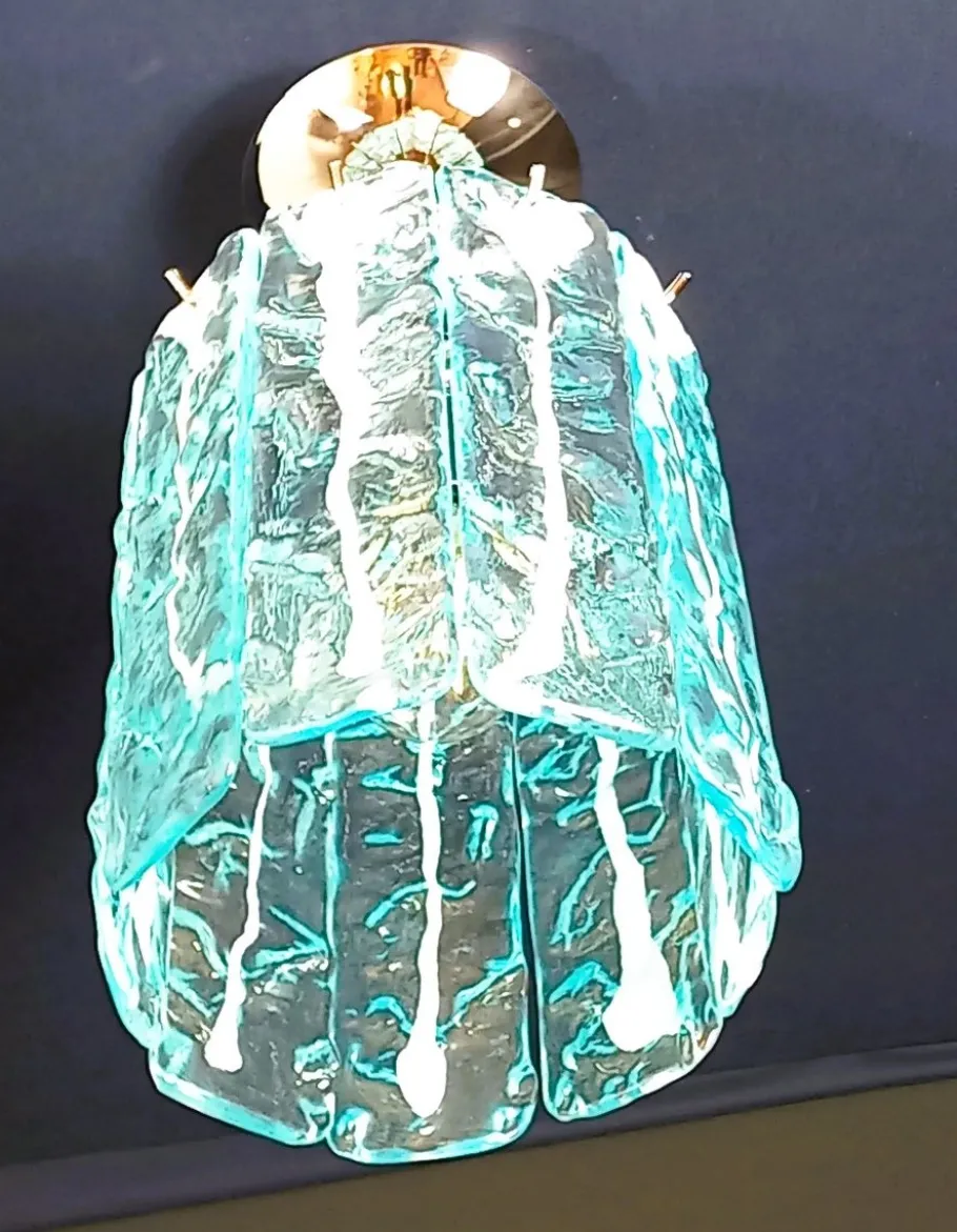 Best Pamono Vintage Murano Glass, Crystal, Aquamarine and White Strips Ceiling Chandelier, Venice, Italy, 1991