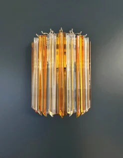 New Pamono Vintage Murano Wall Sconce with 9 Clear and Amber Quadriedri, 1990s, Set of 2