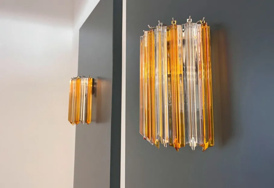 New Pamono Vintage Murano Wall Sconce with 9 Clear and Amber Quadriedri, 1990s, Set of 2