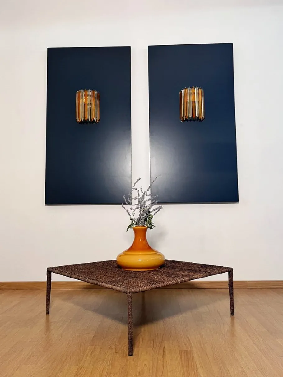 New Pamono Vintage Murano Wall Sconce with 9 Clear and Amber Quadriedri, 1990s, Set of 2