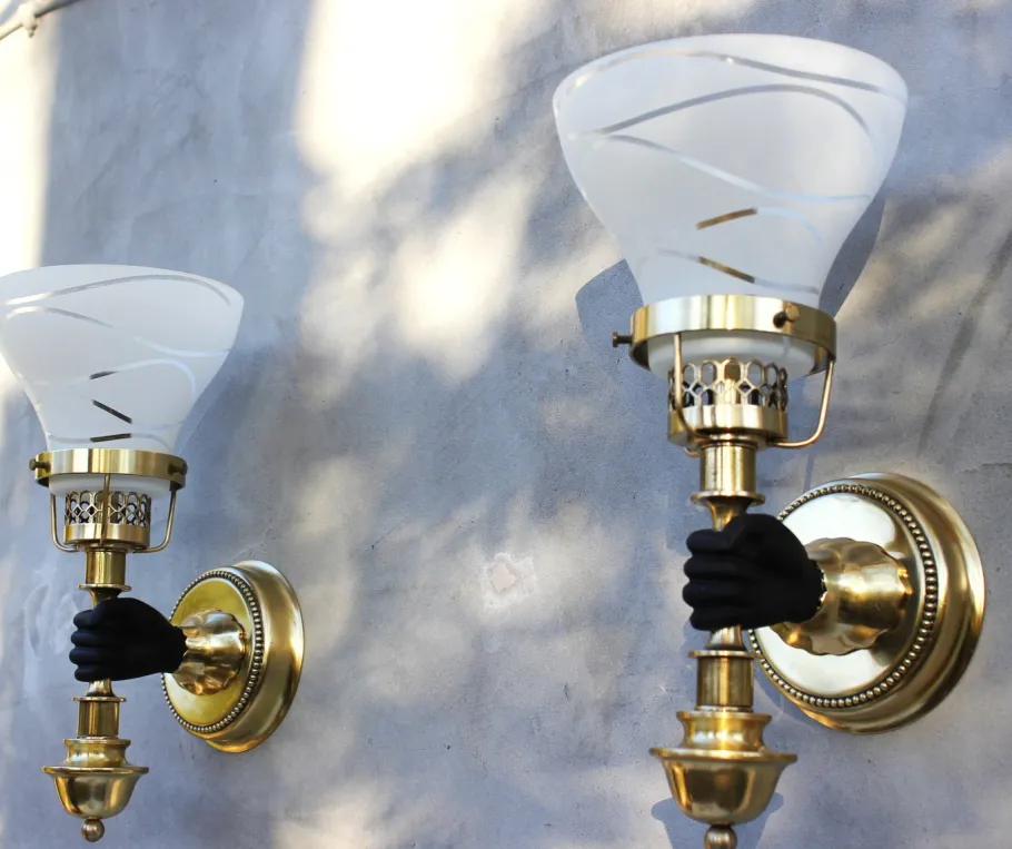 Pamono Vintage Neoclassical Empire Brass Wall Sconces with Black Hand & Torch by Maison Jansen, Set of 3