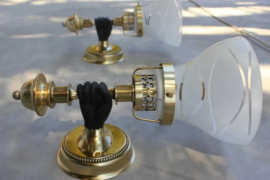 Pamono Vintage Neoclassical Empire Brass Wall Sconces with Black Hand & Torch by Maison Jansen, Set of 3