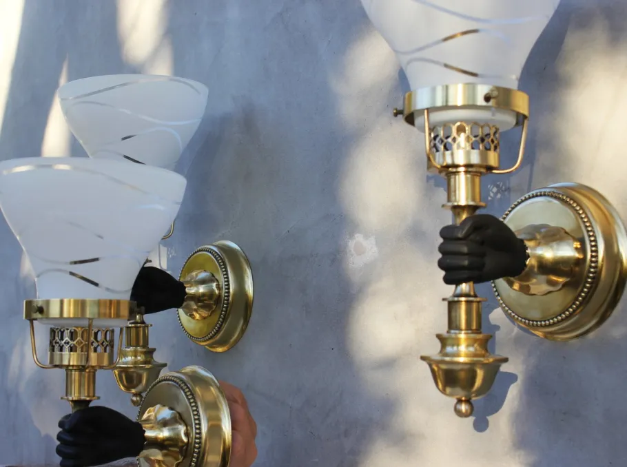 Pamono Vintage Neoclassical Empire Brass Wall Sconces with Black Hand & Torch by Maison Jansen, Set of 3