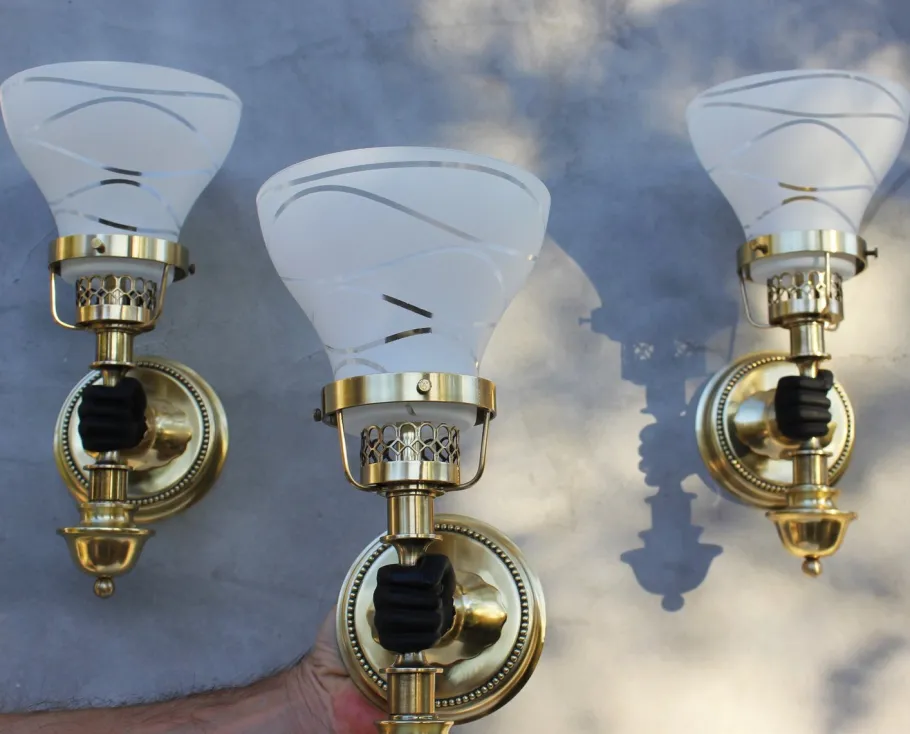 Pamono Vintage Neoclassical Empire Brass Wall Sconces with Black Hand & Torch by Maison Jansen, Set of 3