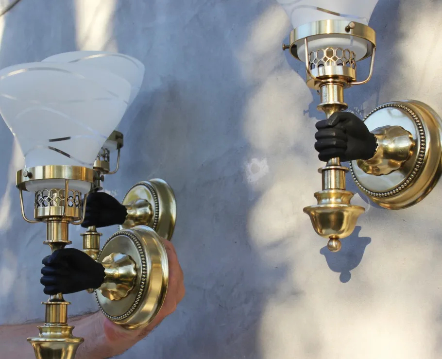 Pamono Vintage Neoclassical Empire Brass Wall Sconces with Black Hand & Torch by Maison Jansen, Set of 3