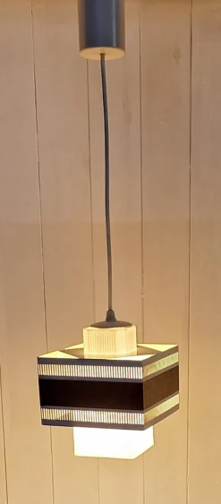 Discount Pamono Vintage Pendant with Perforated White Metal Shade, Brown Plastic Decorative Band and Ribbed White Plastic Inner Shade, 1970s