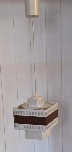 Discount Pamono Vintage Pendant with Perforated White Metal Shade, Brown Plastic Decorative Band and Ribbed White Plastic Inner Shade, 1970s