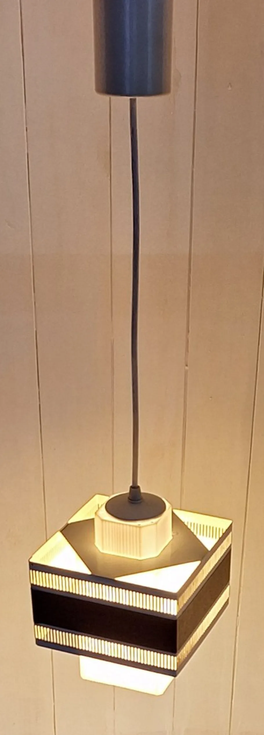 Discount Pamono Vintage Pendant with Perforated White Metal Shade, Brown Plastic Decorative Band and Ribbed White Plastic Inner Shade, 1970s