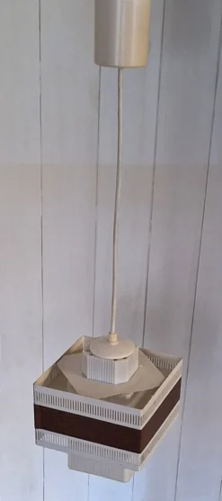 Discount Pamono Vintage Pendant with Perforated White Metal Shade, Brown Plastic Decorative Band and Ribbed White Plastic Inner Shade, 1970s