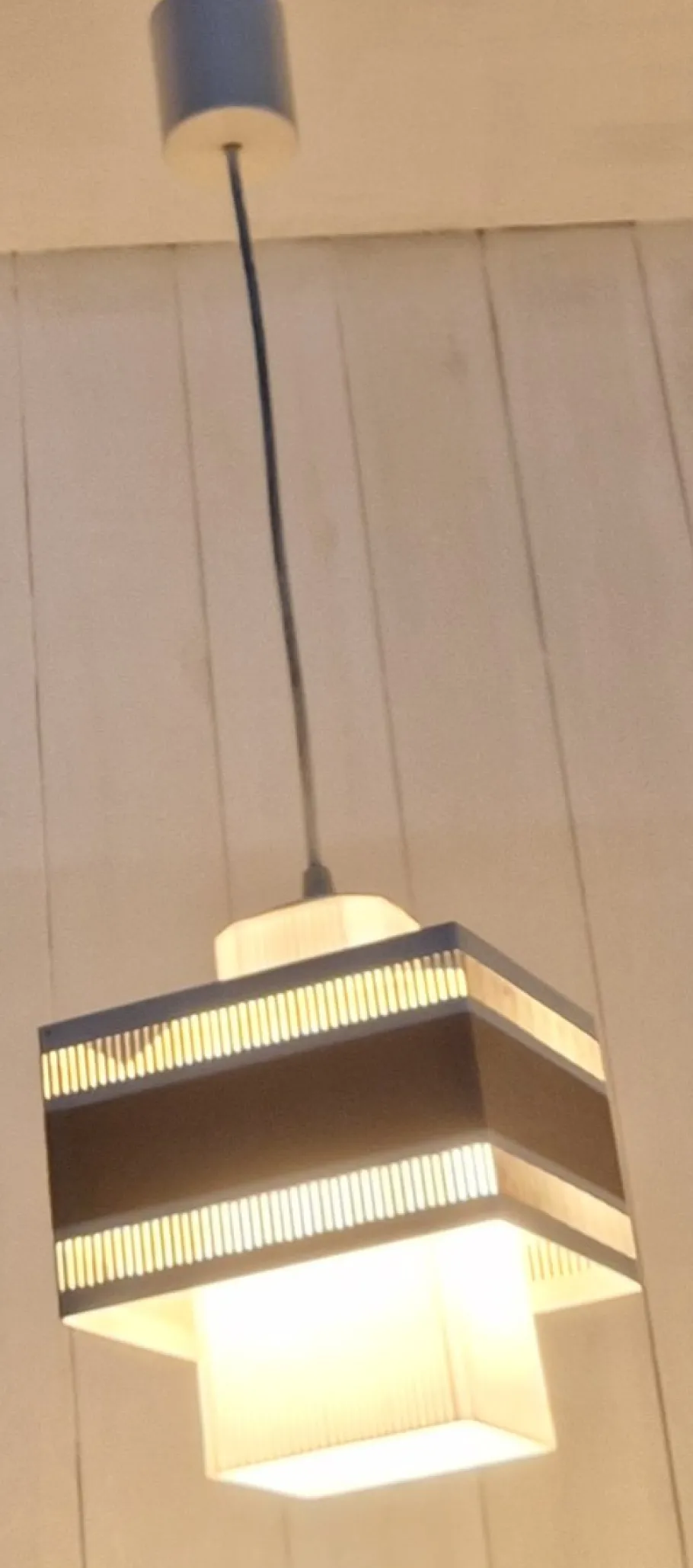 Discount Pamono Vintage Pendant with Perforated White Metal Shade, Brown Plastic Decorative Band and Ribbed White Plastic Inner Shade, 1970s