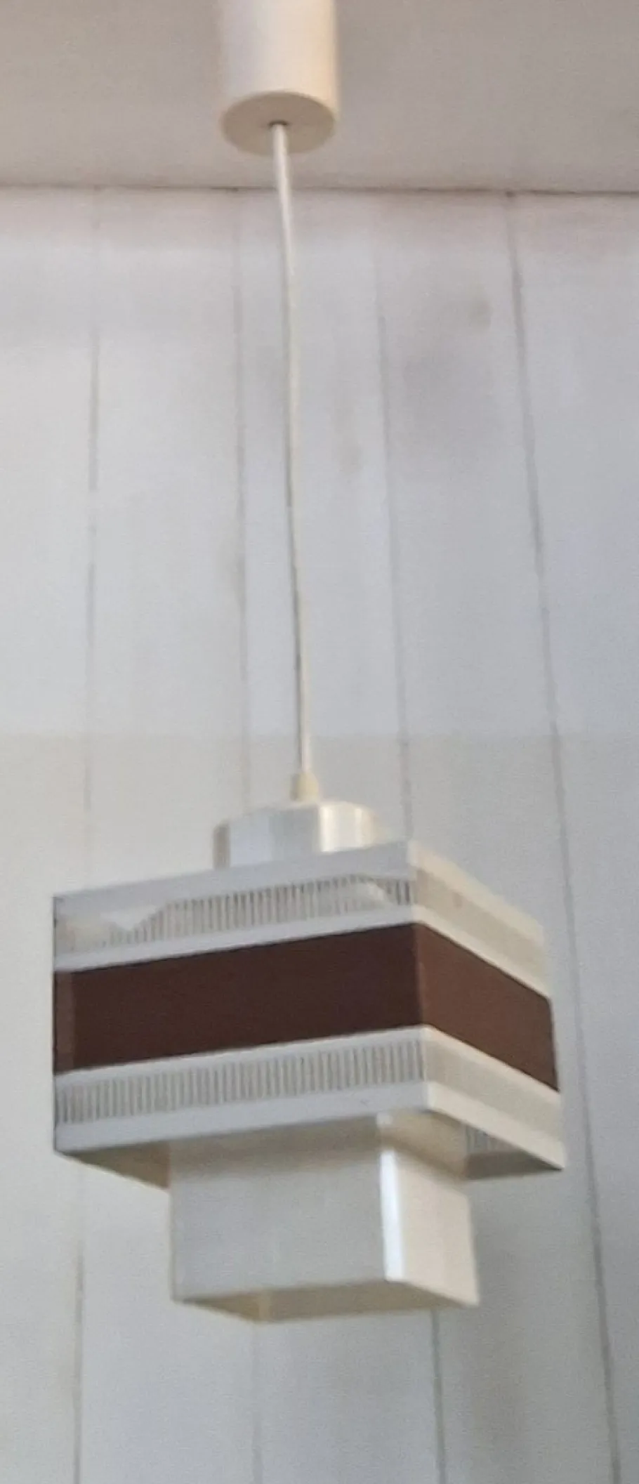 Discount Pamono Vintage Pendant with Perforated White Metal Shade, Brown Plastic Decorative Band and Ribbed White Plastic Inner Shade, 1970s