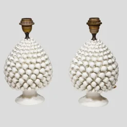 New Pamono Vintage Pine Cone Shaped White Ceramic Table Lamps, 1960s, Set of 2