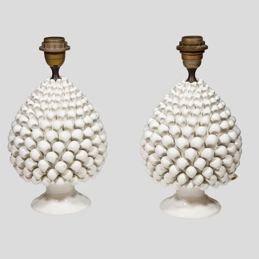 New Pamono Vintage Pine Cone Shaped White Ceramic Table Lamps, 1960s, Set of 2