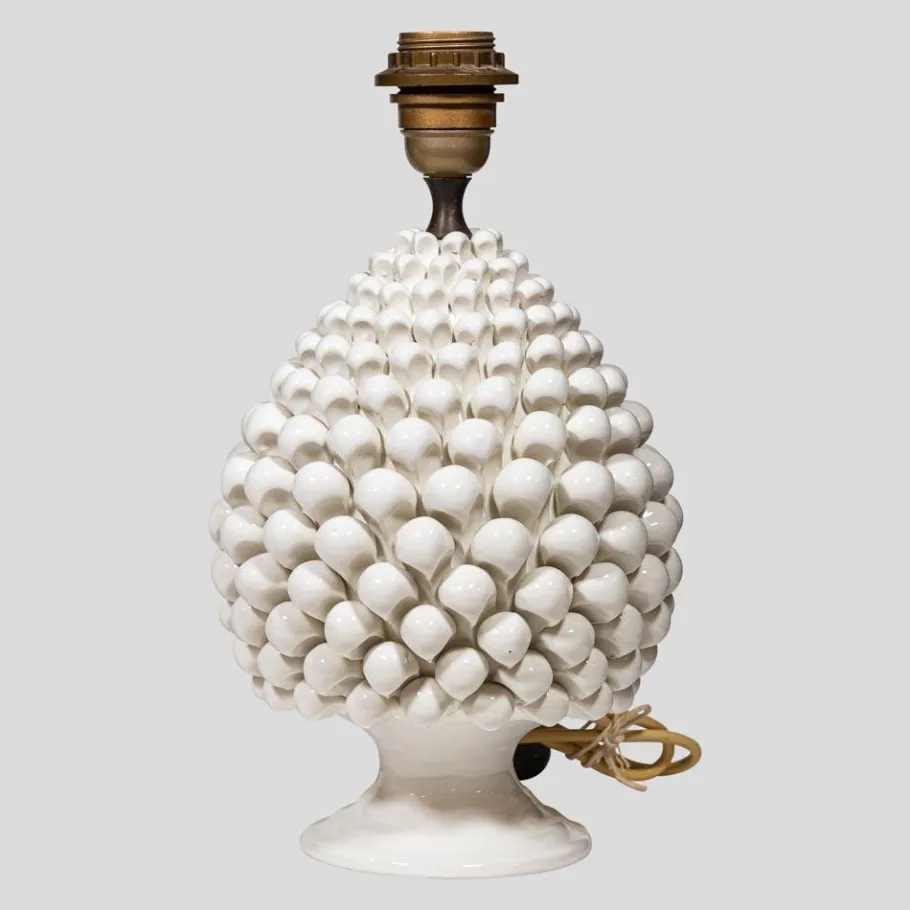 New Pamono Vintage Pine Cone Shaped White Ceramic Table Lamps, 1960s, Set of 2