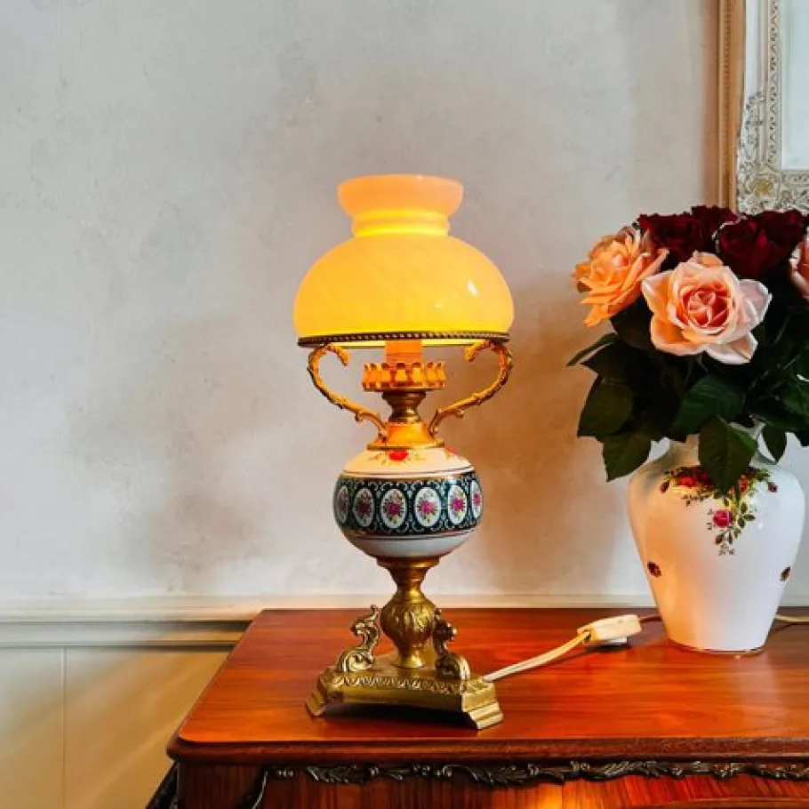 Pamono Vintage Porcelain Lamp with Milkglass Lampshade