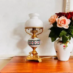 Pamono Vintage Porcelain Lamp with Milkglass Lampshade