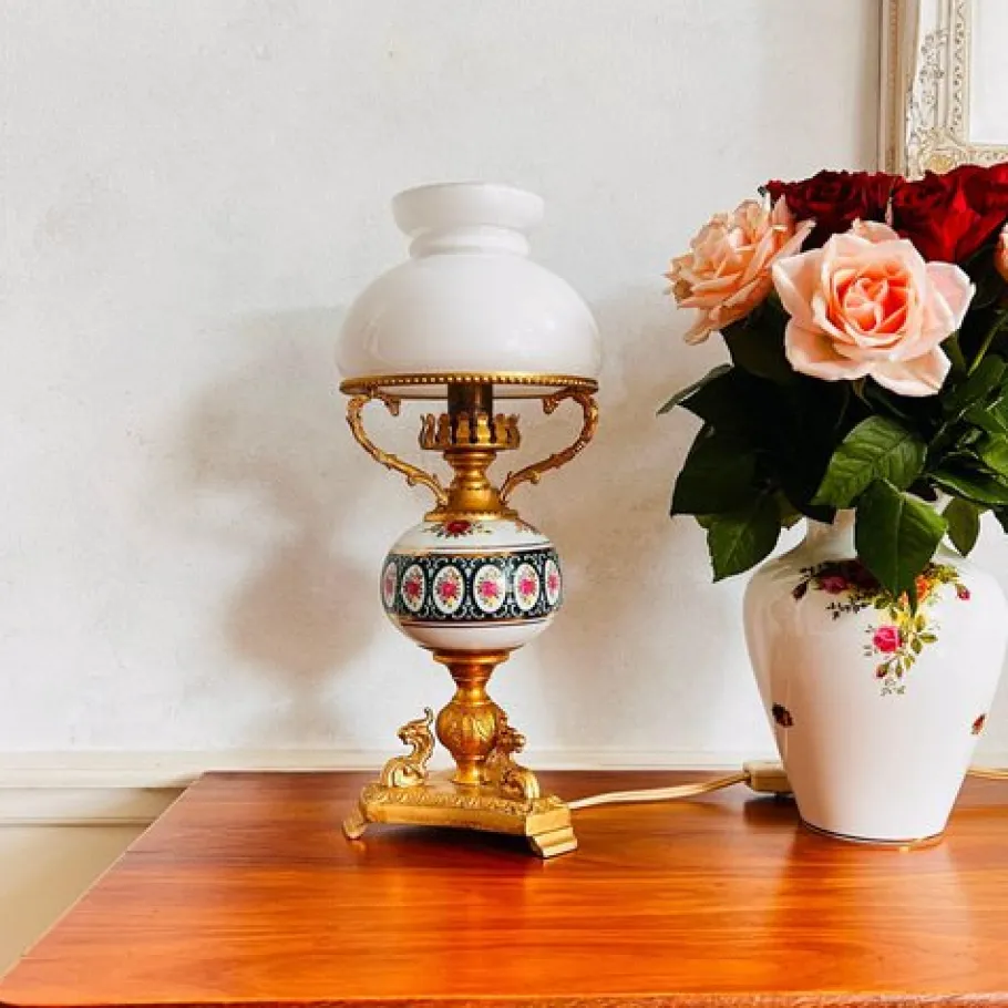 Pamono Vintage Porcelain Lamp with Milkglass Lampshade