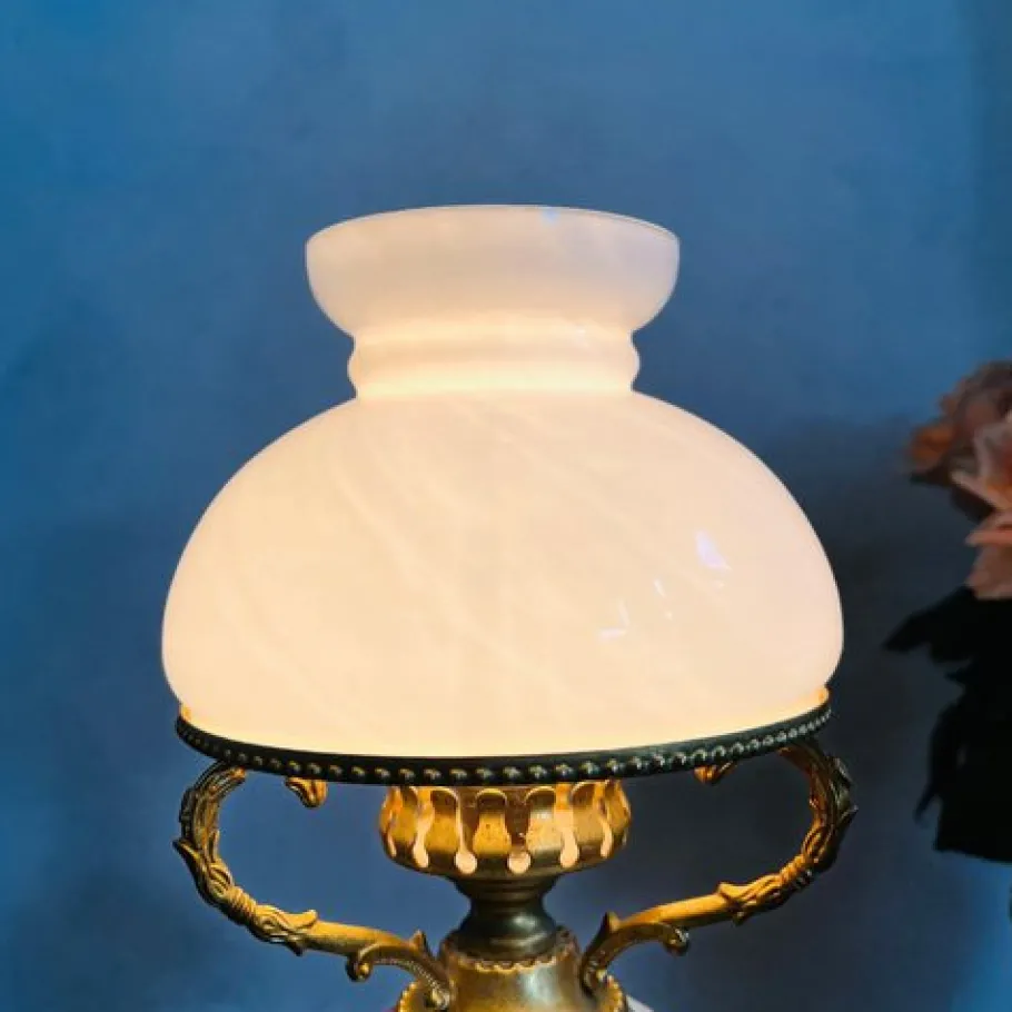 Pamono Vintage Porcelain Lamp with Milkglass Lampshade