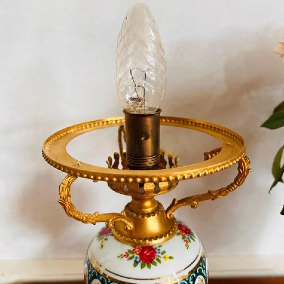 Pamono Vintage Porcelain Lamp with Milkglass Lampshade