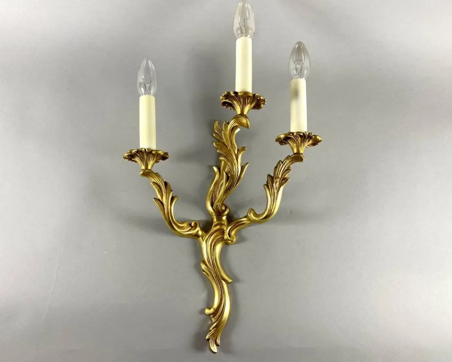 Pamono Vintage Rococo Style Gilt Bronze Wall Sconce with 3 Lights