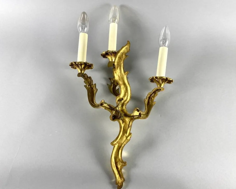 Pamono Vintage Rococo Style Gilt Bronze Wall Sconce with 3 Lights
