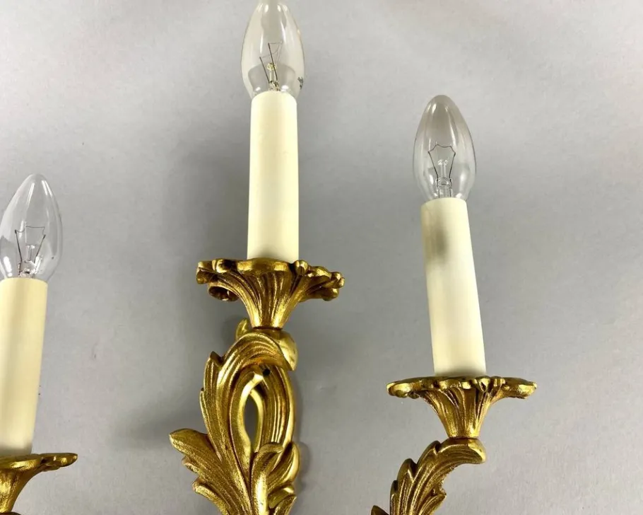 Pamono Vintage Rococo Style Gilt Bronze Wall Sconce with 3 Lights