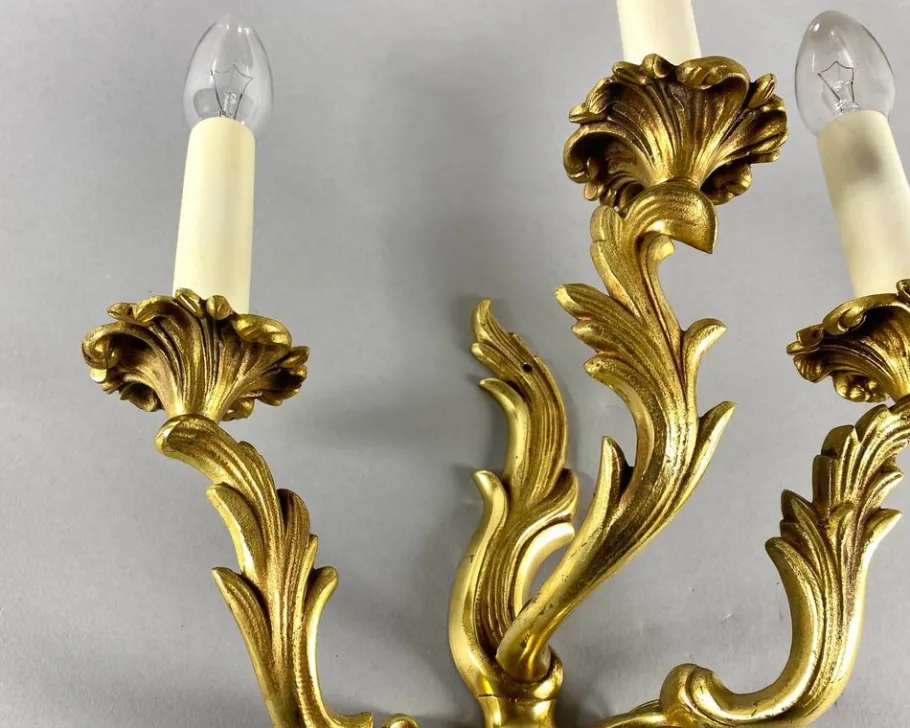 Pamono Vintage Rococo Style Gilt Bronze Wall Sconce with 3 Lights