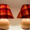 New Pamono Vintage Round Yew Wood Table Lamps with Handmade Fabric Shade, 1980s, Set of 2