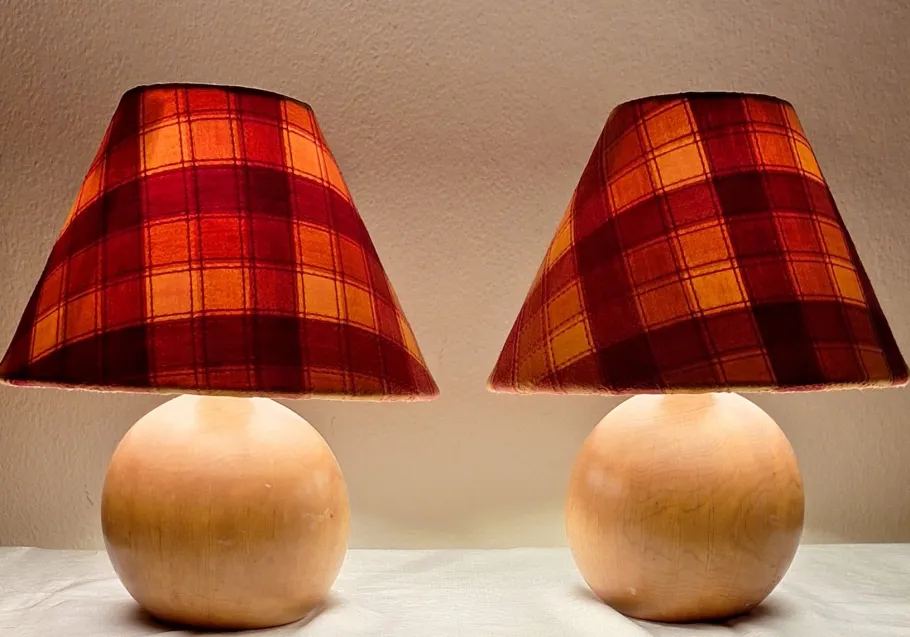 New Pamono Vintage Round Yew Wood Table Lamps with Handmade Fabric Shade, 1980s, Set of 2