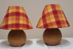 New Pamono Vintage Round Yew Wood Table Lamps with Handmade Fabric Shade, 1980s, Set of 2
