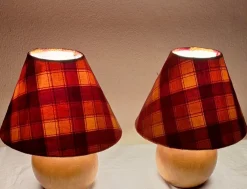 New Pamono Vintage Round Yew Wood Table Lamps with Handmade Fabric Shade, 1980s, Set of 2