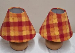 New Pamono Vintage Round Yew Wood Table Lamps with Handmade Fabric Shade, 1980s, Set of 2