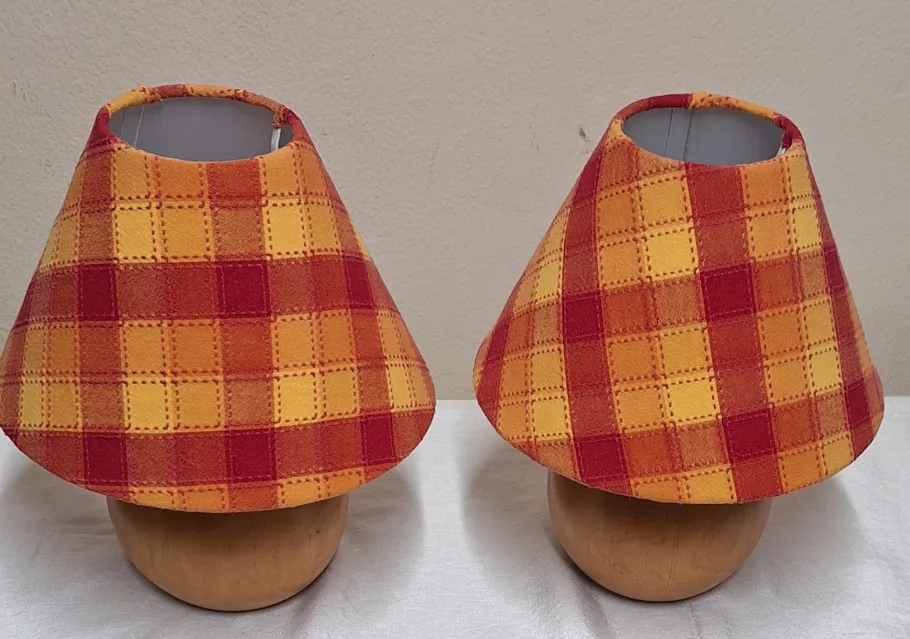 New Pamono Vintage Round Yew Wood Table Lamps with Handmade Fabric Shade, 1980s, Set of 2