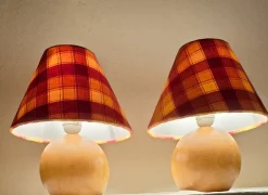 New Pamono Vintage Round Yew Wood Table Lamps with Handmade Fabric Shade, 1980s, Set of 2