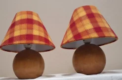 New Pamono Vintage Round Yew Wood Table Lamps with Handmade Fabric Shade, 1980s, Set of 2