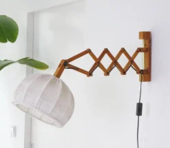 Clearance Pamono Vintage Scandinavian Extendable Accordion Wooden Lamp with Fabric Shade, 1970s