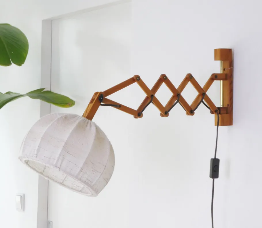 Clearance Pamono Vintage Scandinavian Extendable Accordion Wooden Lamp with Fabric Shade, 1970s