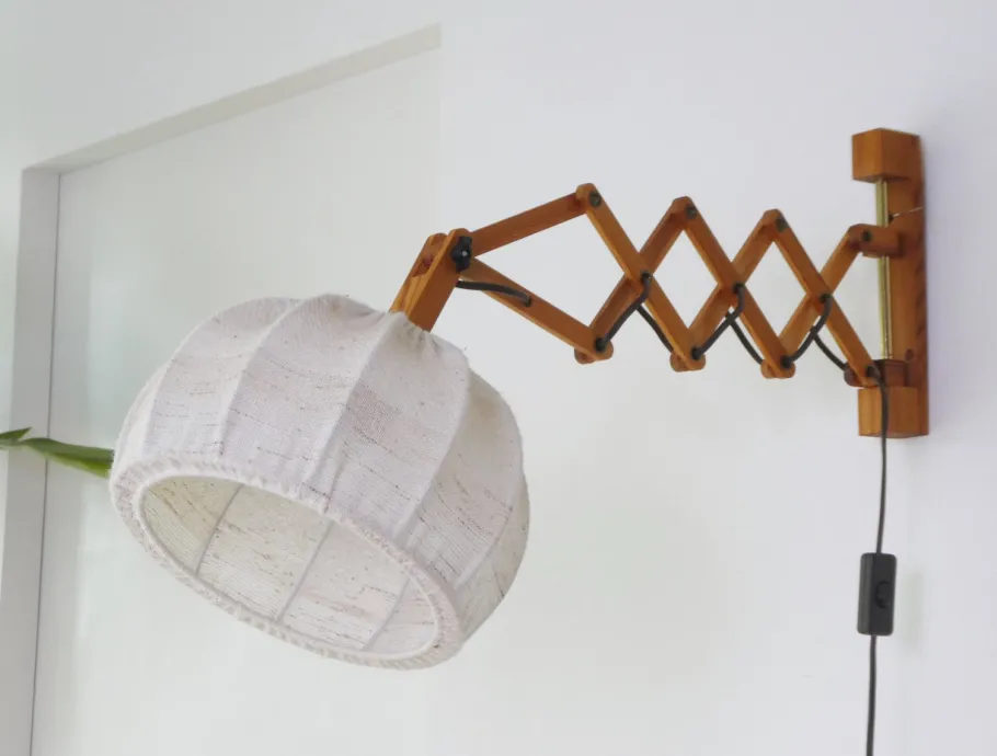 Clearance Pamono Vintage Scandinavian Extendable Accordion Wooden Lamp with Fabric Shade, 1970s