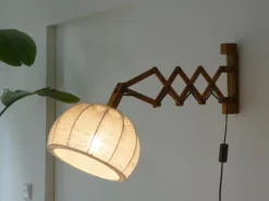 Clearance Pamono Vintage Scandinavian Extendable Accordion Wooden Lamp with Fabric Shade, 1970s