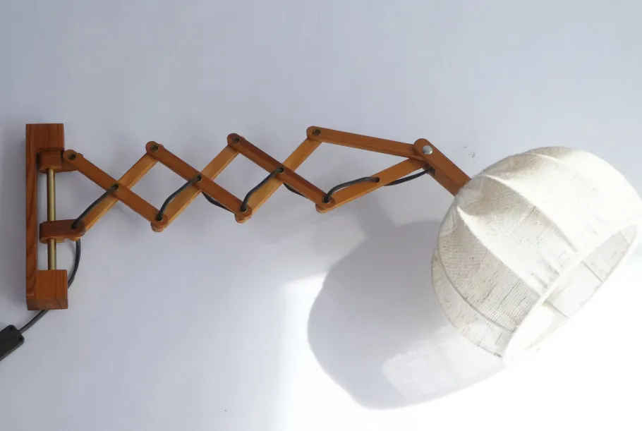 Clearance Pamono Vintage Scandinavian Extendable Accordion Wooden Lamp with Fabric Shade, 1970s