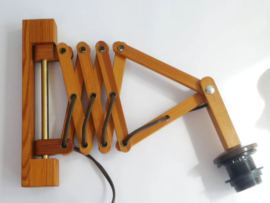 Clearance Pamono Vintage Scandinavian Extendable Accordion Wooden Lamp with Fabric Shade, 1970s