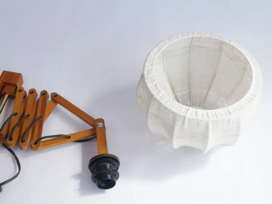 Clearance Pamono Vintage Scandinavian Extendable Accordion Wooden Lamp with Fabric Shade, 1970s