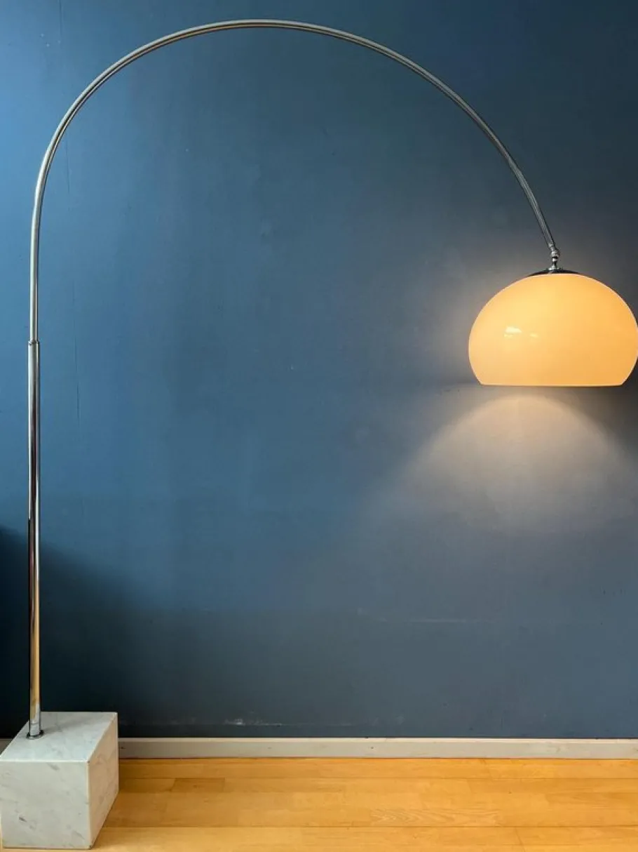 Discount Pamono Vintage Space Age Arc Floor Lamp with White Mushroom Shade and Marble Base from Guzzini